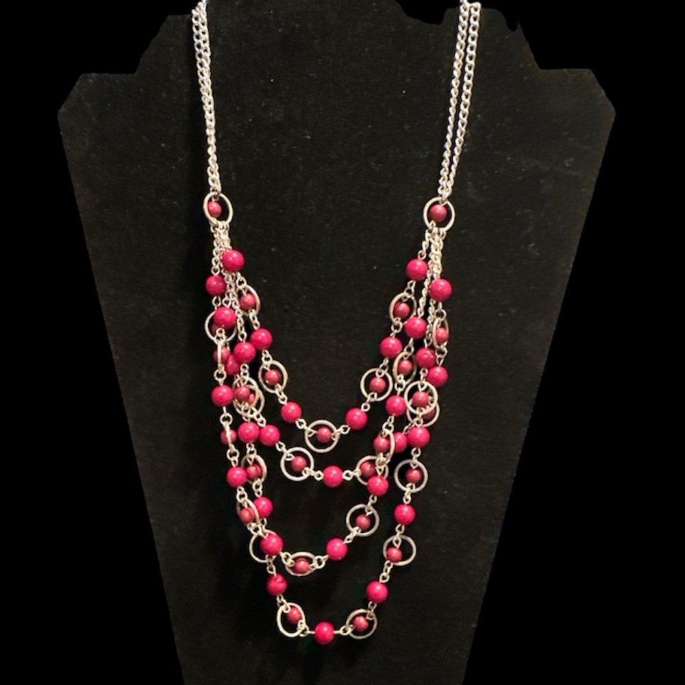 New York & Company Vibrant Pink and Silver Multi-Layer Necklace